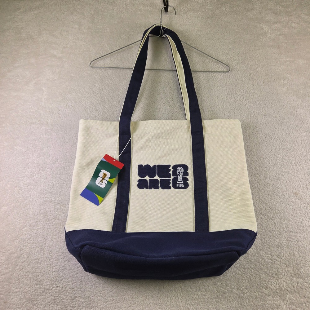 FIFA World Cup 2026 We Are 26 Canvas Tote Bag Cream Navy Blue Embroidered Logo